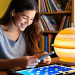 **

A brightly lit, cozy home library scene. A parent and child are happily working together on a science project involving a miniature solar system made of recycled materials. Educational apps are visible on a tablet in the background. The overall atmosphere should convey a sense of joyful learning, creativity, and family connection.

**