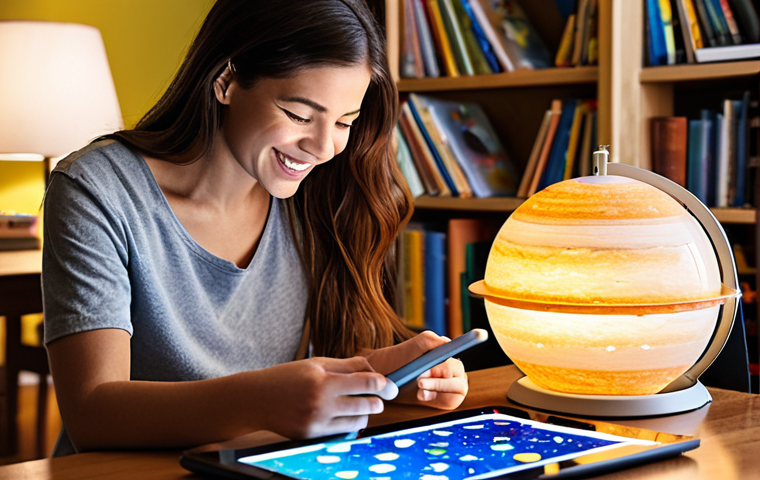 **

A brightly lit, cozy home library scene. A parent and child are happily working together on a science project involving a miniature solar system made of recycled materials. Educational apps are visible on a tablet in the background. The overall atmosphere should convey a sense of joyful learning, creativity, and family connection.

**