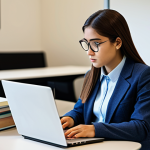A professional young woman, dressed in a modest, contemporary academic outfit, is deeply focused on a complex personal project on her laptop, surrounded by academic textbooks and neatly organized notes on a sleek desk. The setting is a brightly lit, modern university study lounge, with soft ambient light highlighting the intellectual atmosphere. The image captures perfect anatomy, correct proportions, and a natural pose, with well-formed hands on the keyboard. Professional photography, high resolution, safe for work, appropriate content, fully clothed, family-friendly.