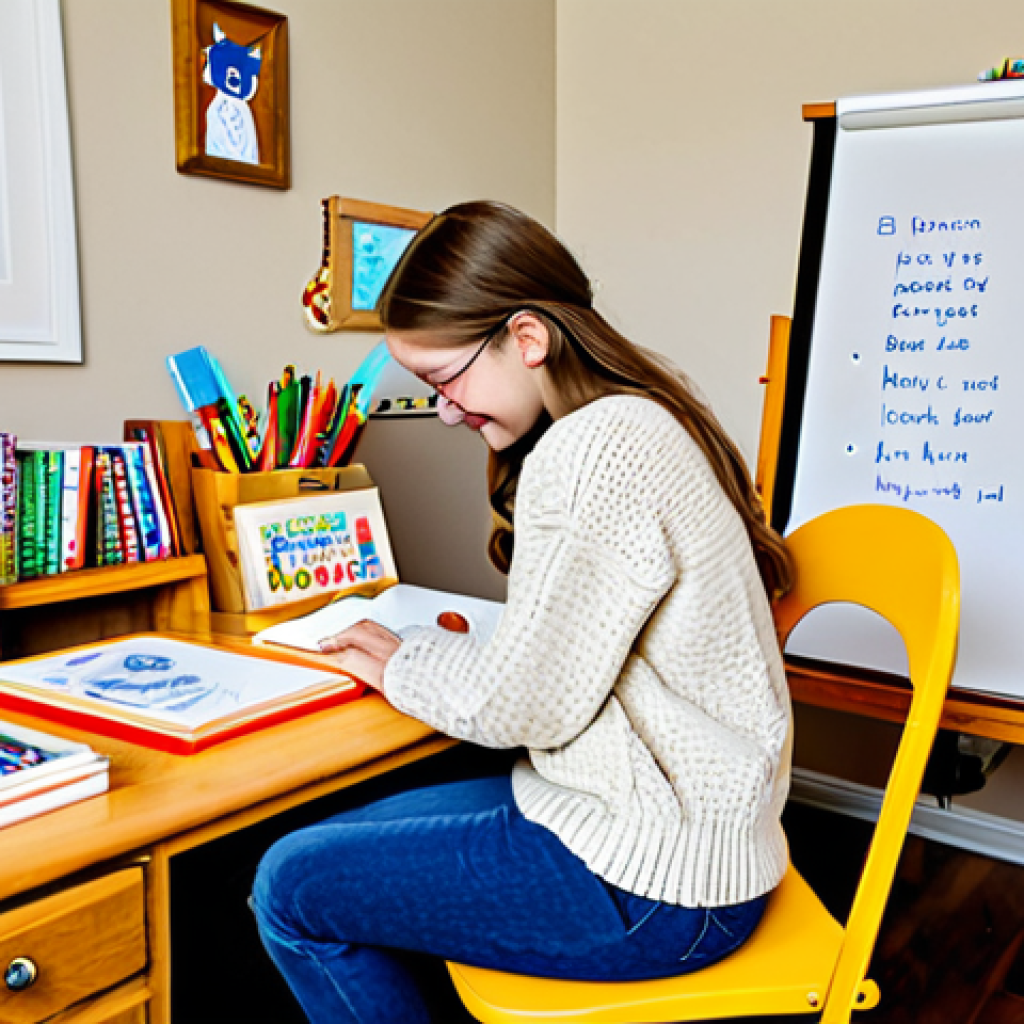 Cozy Homeschooling Nook**
A brightly lit and inviting corner of a living room transformed into a homeschooling space. A young girl, fully clothed in a comfortable sweater and jeans, sits at a small wooden desk adorned with colorful art supplies and books. A whiteboard with colorful markers displays learning materials. Fairy lights are strung around the area, creating a warm atmosphere. Background includes shelves with books and educational games. Safe for work, appropriate content, fully clothed, professional, family-friendly, perfect anatomy, correct proportions, natural pose, well-formed hands, proper finger count, natural body proportions, high quality.
**