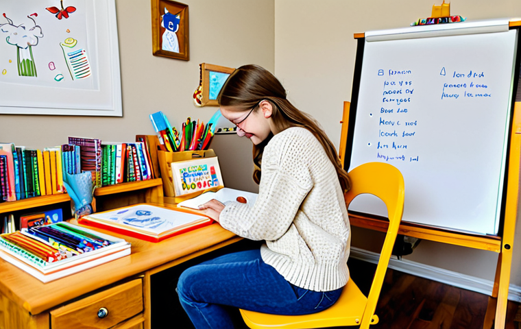 Cozy Homeschooling Nook**
A brightly lit and inviting corner of a living room transformed into a homeschooling space. A young girl, fully clothed in a comfortable sweater and jeans, sits at a small wooden desk adorned with colorful art supplies and books. A whiteboard with colorful markers displays learning materials. Fairy lights are strung around the area, creating a warm atmosphere. Background includes shelves with books and educational games. Safe for work, appropriate content, fully clothed, professional, family-friendly, perfect anatomy, correct proportions, natural pose, well-formed hands, proper finger count, natural body proportions, high quality.
**