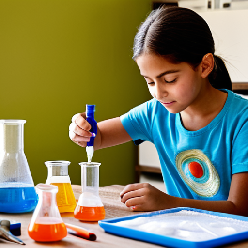 **Image:** A young, fully clothed girl (10 years old) working on a science project at a table filled with beakers and tools, creating a volcano model. The setting is a brightly lit, organized home environment. She's wearing age-appropriate, modest clothing. Safe for work, appropriate content, family-friendly, perfect anatomy, natural pose, high quality.