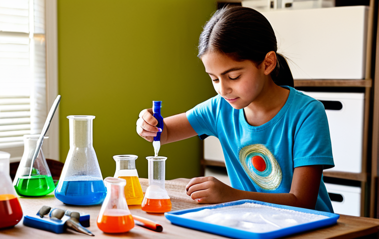 **Image:** A young, fully clothed girl (10 years old) working on a science project at a table filled with beakers and tools, creating a volcano model. The setting is a brightly lit, organized home environment. She's wearing age-appropriate, modest clothing. Safe for work, appropriate content, family-friendly, perfect anatomy, natural pose, high quality.