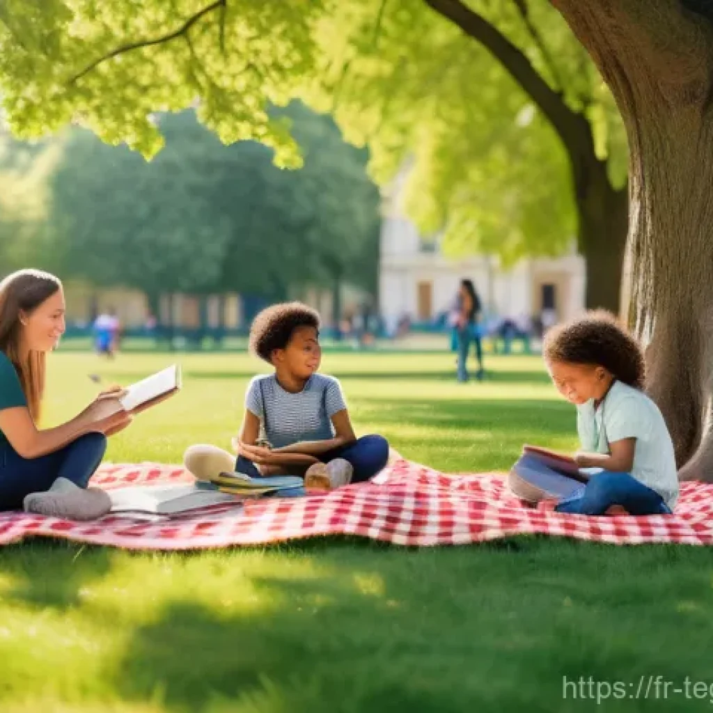 지역 사회와의 연계를 통한 홈스쿨링 - **A vibrant community gathering for homeschooling families in a picturesque French park.** A diverse...