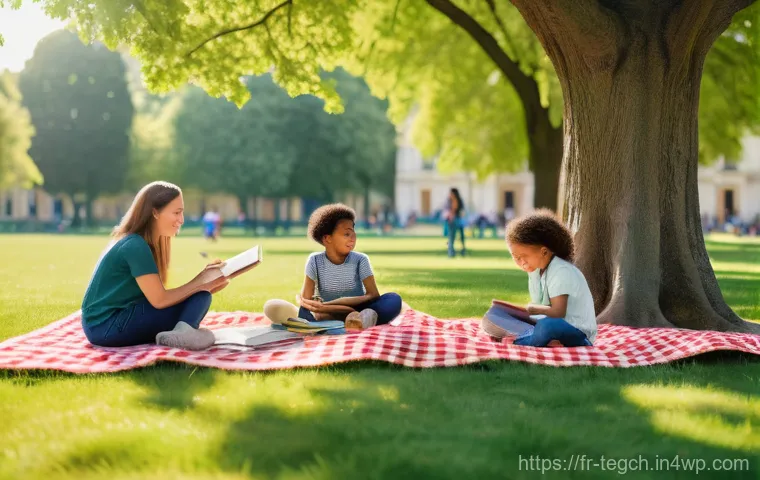 지역 사회와의 연계를 통한 홈스쿨링 - **A vibrant community gathering for homeschooling families in a picturesque French park.** A diverse...