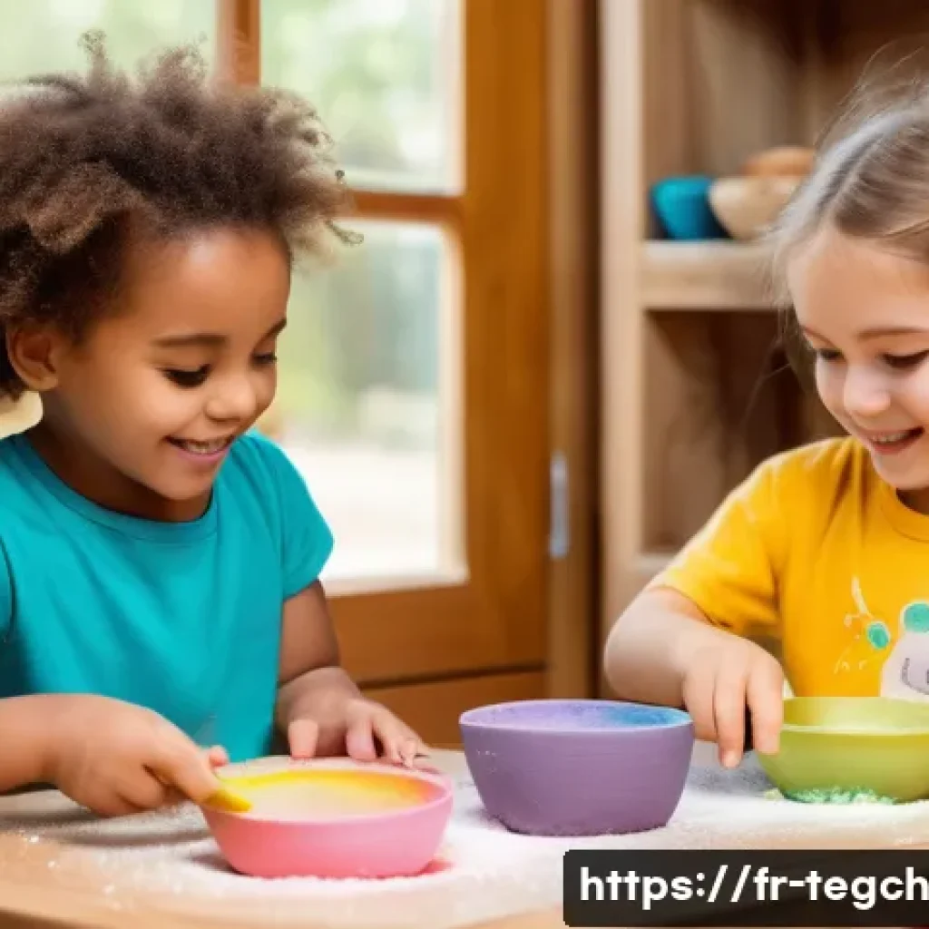 자녀의 흥미를 유도하는 홈스쿨링 활동 - A cozy French home setting with young children engaged in a sensory exploration activity at a wooden...