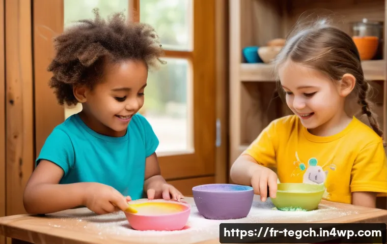 자녀의 흥미를 유도하는 홈스쿨링 활동 - A cozy French home setting with young children engaged in a sensory exploration activity at a wooden...