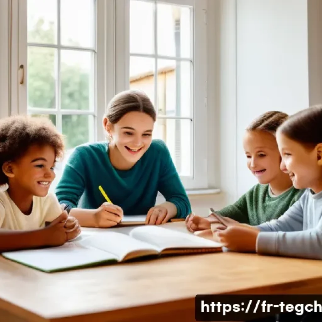 홈스쿨링에서의 협력 학습의 효과 - A warm, inviting homeschooling environment in a modern French living room, featuring a round wooden ...