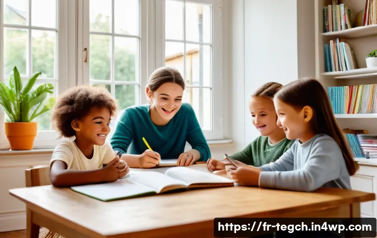 홈스쿨링에서의 협력 학습의 효과 - A warm, inviting homeschooling environment in a modern French living room, featuring a round wooden ...