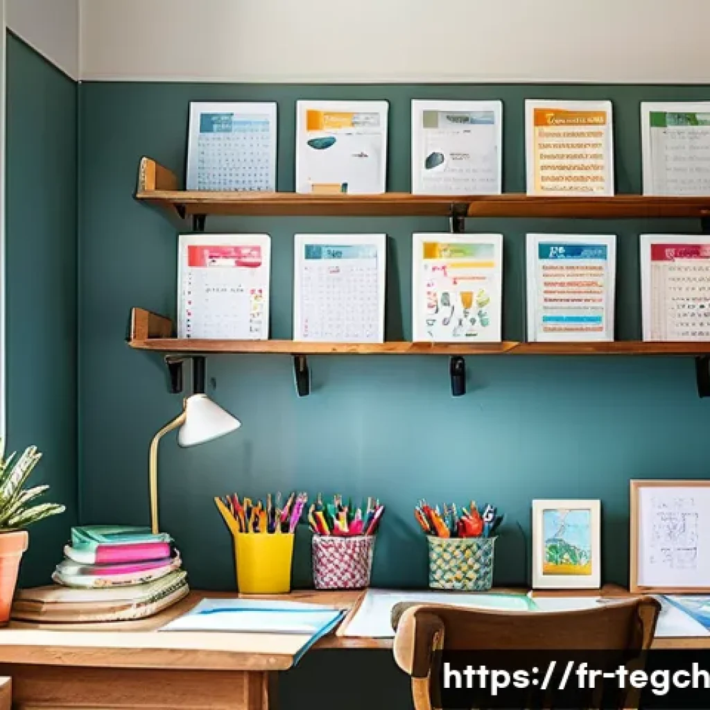 홈스쿨링에서의 시간 관리 기법 - A cozy, well-organized homeschooling study corner in a bright, sunlit room typical of a French subur...