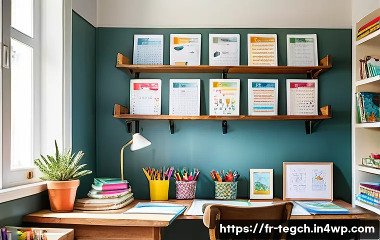 홈스쿨링에서의 시간 관리 기법 - A cozy, well-organized homeschooling study corner in a bright, sunlit room typical of a French subur...