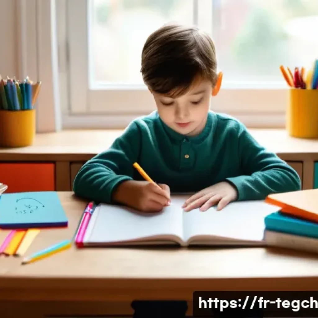 자녀의 흥미를 반영하는 홈스쿨링 커리큘럼 - A cozy homeschooling environment featuring a young child sitting at a neatly organized desk in a qui...