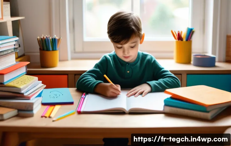 자녀의 흥미를 반영하는 홈스쿨링 커리큘럼 - A cozy homeschooling environment featuring a young child sitting at a neatly organized desk in a qui...