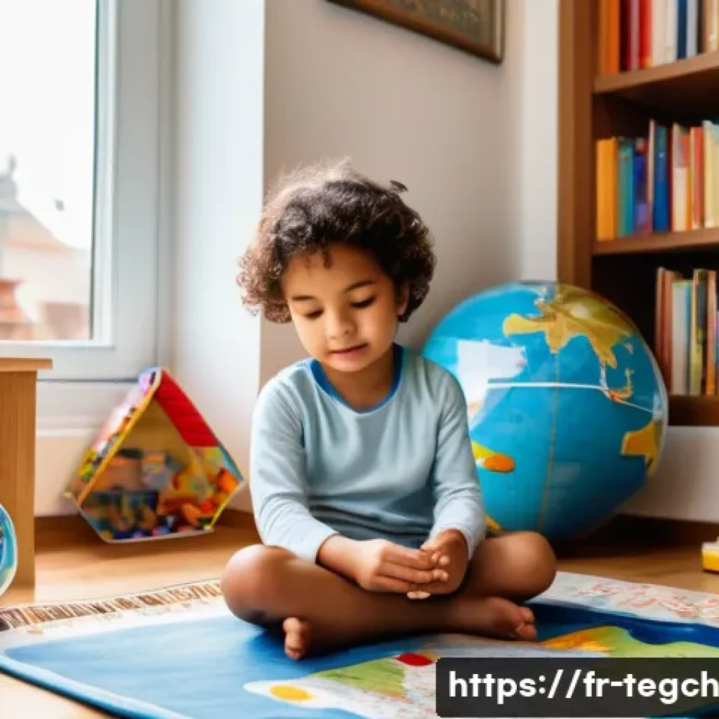 홈스쿨링을 위한 다문화 교육 접근법 - A cozy multilingual family learning corner in a bright living room, featuring a small child wearing ...