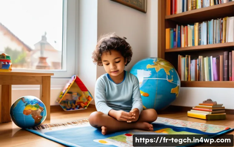 홈스쿨링을 위한 다문화 교육 접근법 - A cozy multilingual family learning corner in a bright living room, featuring a small child wearing ...