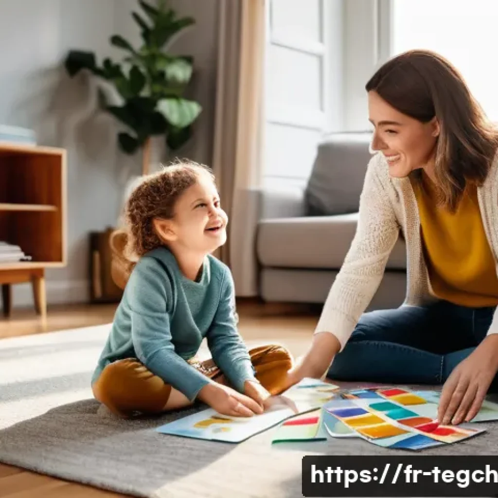 홈스쿨링에서의 감성 교육의 중요성 - A warm and cozy homeschooling environment in a modern French-style living room, featuring a parent a...