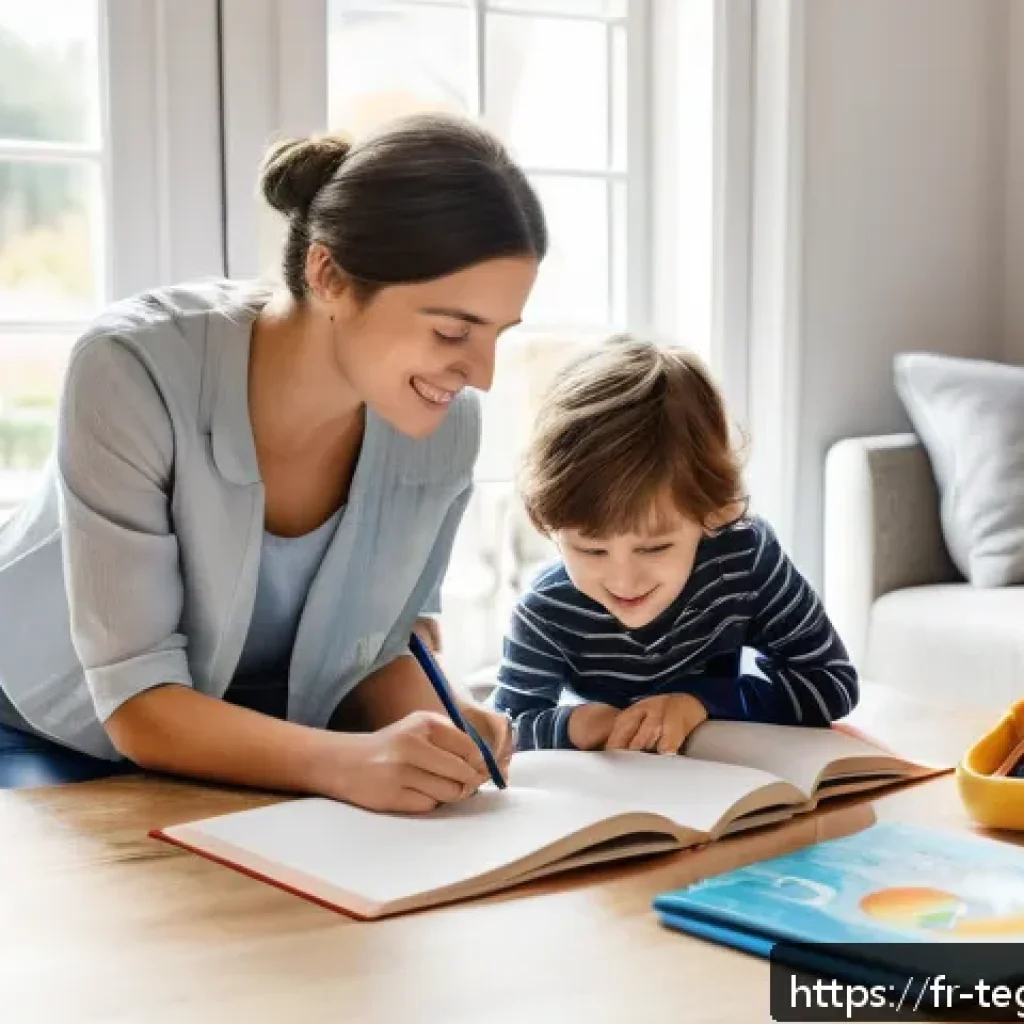 홈스쿨링의 장점과 단점 분석 - A cozy and bright homeschooling environment in a modern French living room, featuring a parent and a...