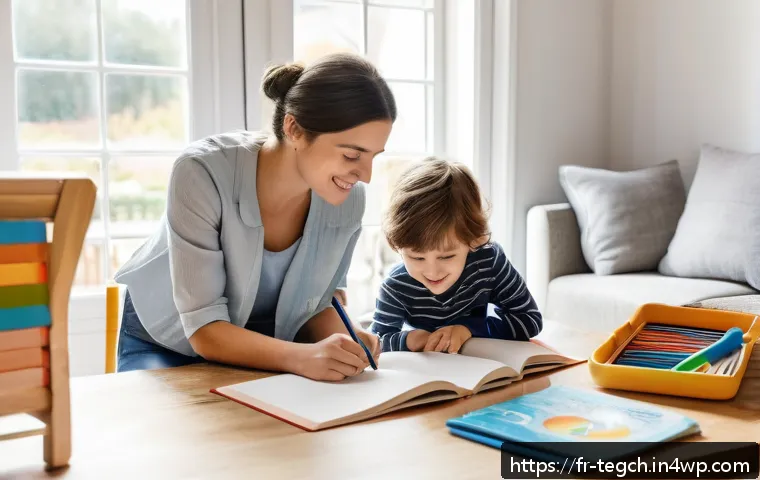 홈스쿨링의 장점과 단점 분석 - A cozy and bright homeschooling environment in a modern French living room, featuring a parent and a...