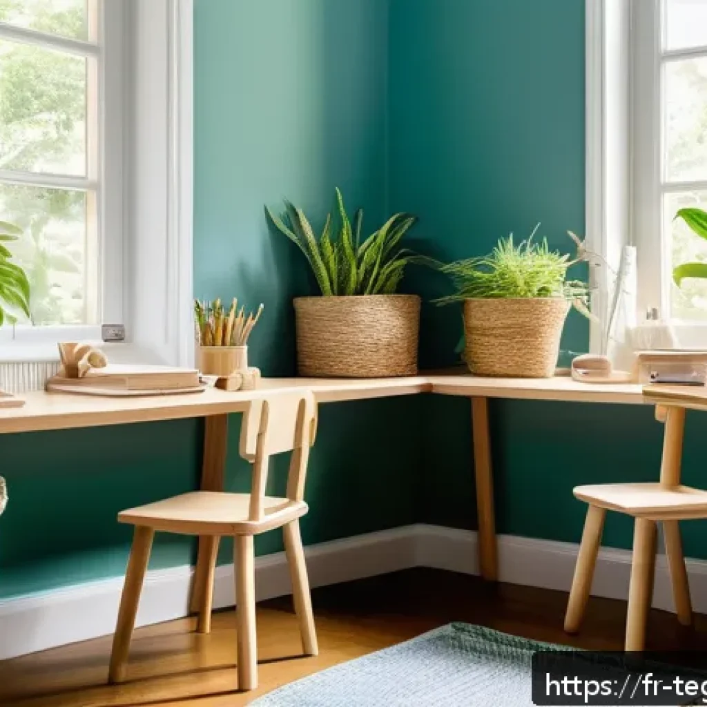 지속 가능한 홈스쿨링을 위한 가이드 - A bright, eco-friendly children’s study corner featuring a modular wooden desk made from FSC-certifi...