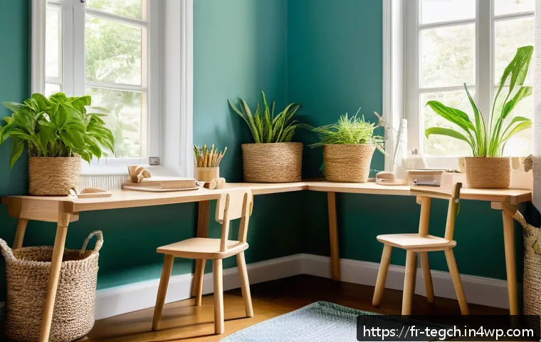 지속 가능한 홈스쿨링을 위한 가이드 - A bright, eco-friendly children&rsquo;s study corner featuring a modular wooden desk made from FSC-certifi...