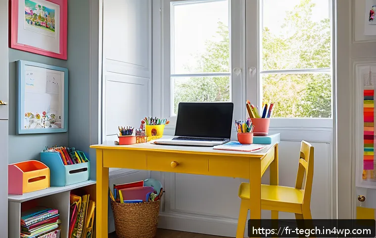 홈스쿨링을 위한 여름 방학 계획 - A bright and cozy children’s study nook in a French home, featuring a child-sized wooden desk neatly...