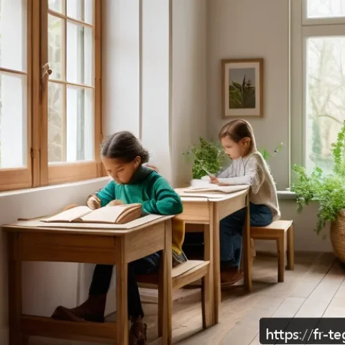 Home 33 자연 친화적인 홈스쿨링 교육법 - A cozy children’s study nook bathed in soft natural light streaming through a large window, featurin...