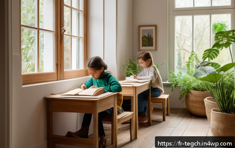 자연 친화적인 홈스쿨링 교육법 - A cozy children’s study nook bathed in soft natural light streaming through a large window, featurin...