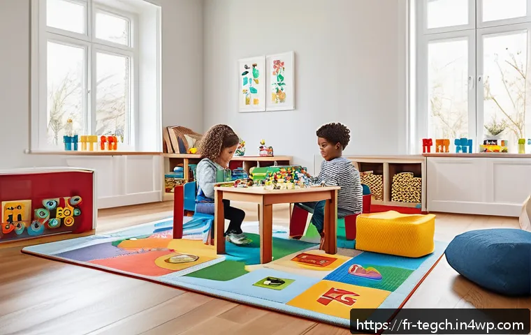 홈스쿨링에서의 놀이 기반 학습 - A bright and cozy homeschooling playroom designed for French-speaking children, featuring a dedicate...