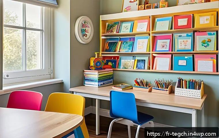 홈스쿨링에서의 학생 주도 학습 강화 - A bright, calm, and organized children’s study space tailored for autonomous learning, featuring a s...