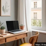 Home 18 홈스쿨링에서의 교육 연계 및 활용 - A bright and cozy homeschooling study corner in a modern French apartment, featuring a clean wooden ...