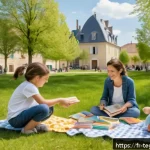 Home 23 홈스쿨링을 위한 커뮤니티와 네트워킹 - A warm outdoor community event in a small French village park during springtime, featuring diverse f...