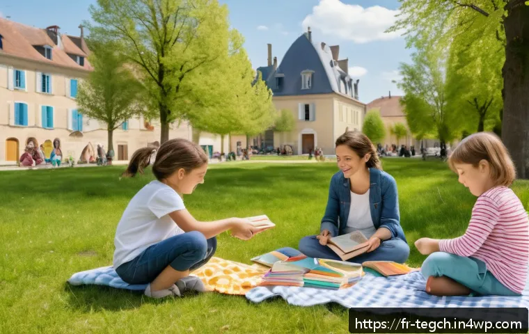 홈스쿨링을 위한 커뮤니티와 네트워킹 - A warm outdoor community event in a small French village park during springtime, featuring diverse f...