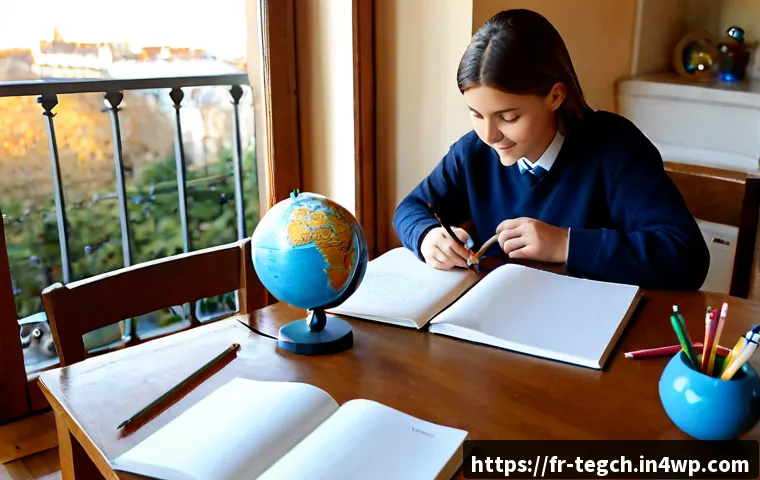 홈스쿨링과 국제 교육의 연계 - Photorealistic homeschooling scene in a sunlit French apartment, parent and school-age child working...