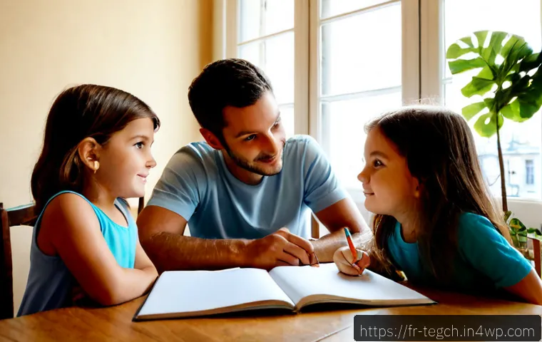 홈스쿨링을 위한 부모의 역량 개발 - Photorealistic French family homeschooling scene, confident parent guiding two school-age children t...