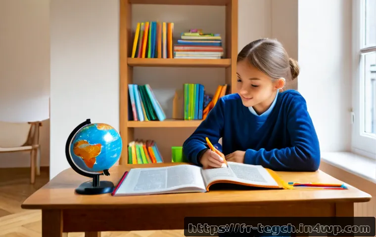 홈스쿨링을 위한 필수 학습 자료 소개 - Photorealistic French homeschooling study corner in a bright Paris apartment, a parent and school-ag...